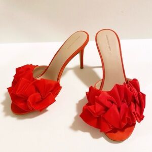 SOMETHING NAVY | Ruffle Peep-Toe Mule Heels in Red Suede size 8M